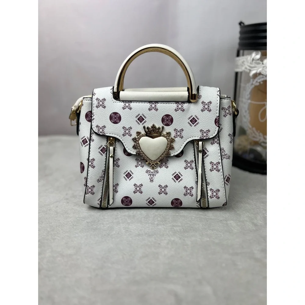 HBMM Monogram Heart Crown Satchel Handbag White Purple Gold Crossbody Bag